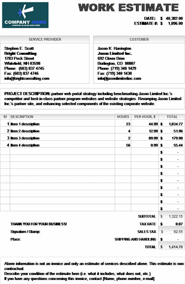 Work Estimate Invoice (Calculates Total) – Microsoft Excel Template ...
