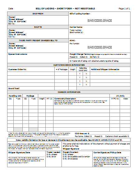 Bill Of Lading Ready Made Office Templates